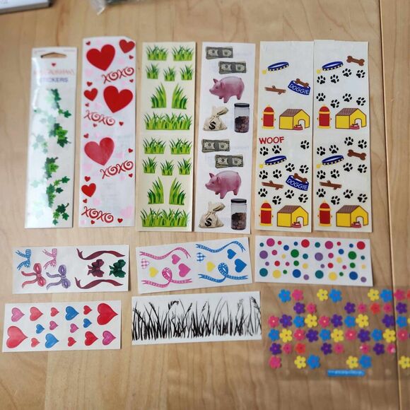 Lot of Misc Scrapbook Stickers 12 Sheets Hearts Dogs Pigs Grass Ribbons Etc - Picture 1 of 6